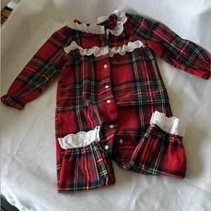 Red Plaid Baby Romper with Lace Trim